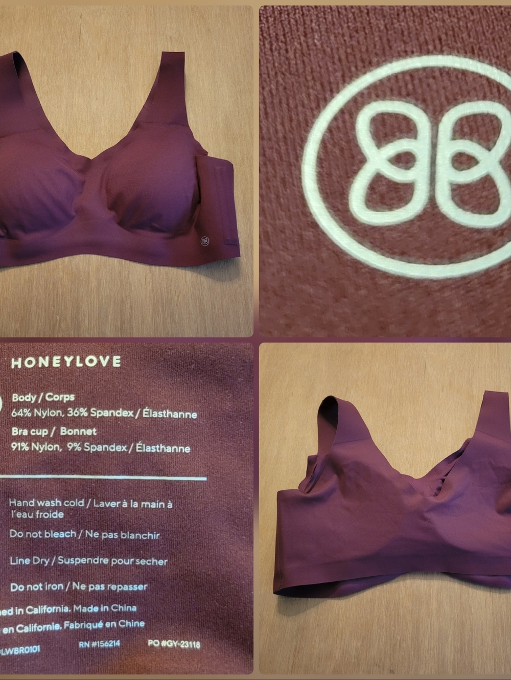 Honeylove Bra Soft Form V Neck Wireless Smoothing Burgundy 1x WOMENS # LWBRO101